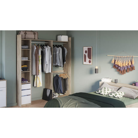 Veera 3 Drawer Extendable Open Corner Wardrobe with Shelves and Rail - Matt White & Oak - FurniComp