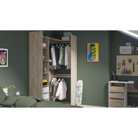 Veera 3 Drawer Extendable Open Corner Wardrobe with Shelves and Rail - Matt White & Oak - FurniComp