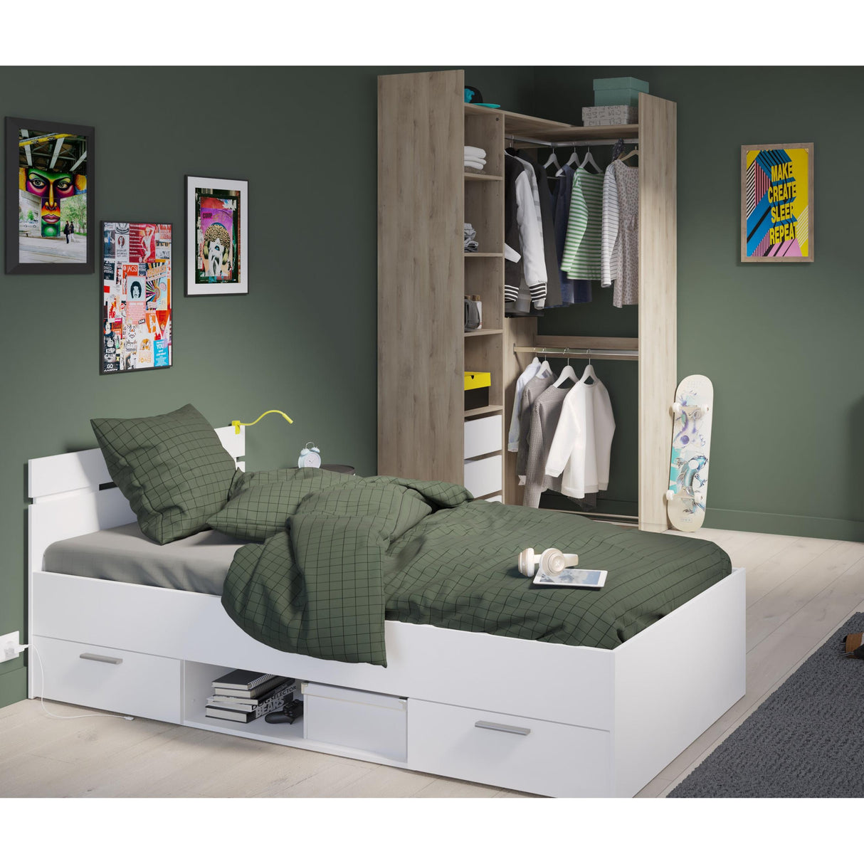 Veera 3 Drawer Extendable Open Corner Wardrobe with Shelves and Rail - Matt White & Oak - FurniComp