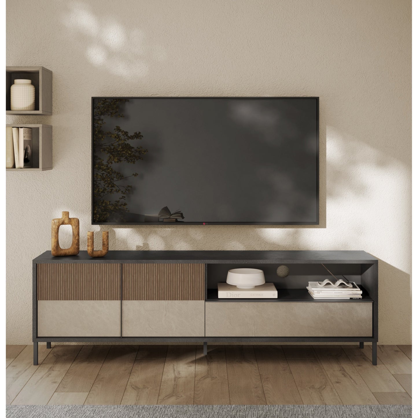 Venice 2 Door 1 Drawer Grey and Mercure Oak Large TV Stand - FurniComp