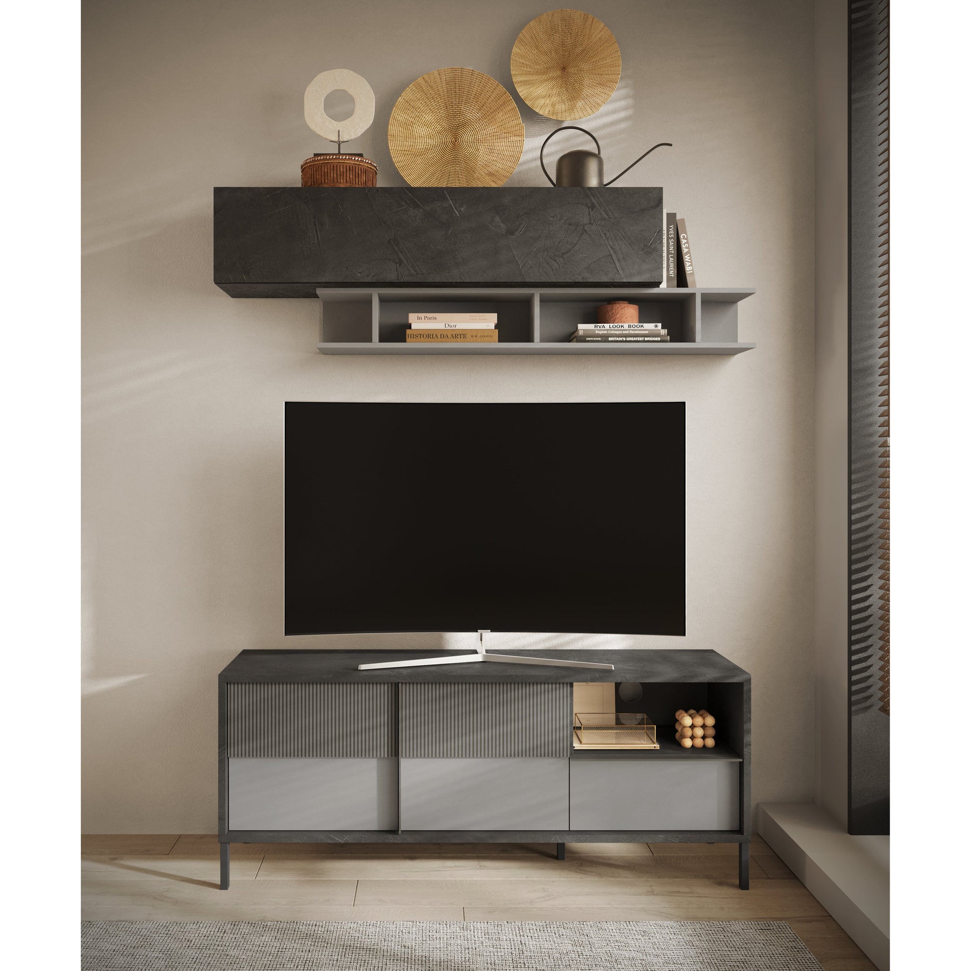 Venice 2 Door 1 Drawer Lead and Slate Grey Small TV Stand - FurniComp