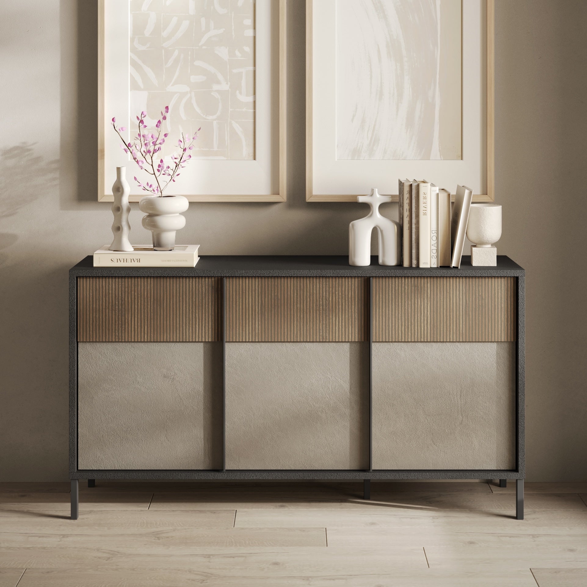 Venice 3 Door Grey and Mercure Oak Sideboard - FurniComp