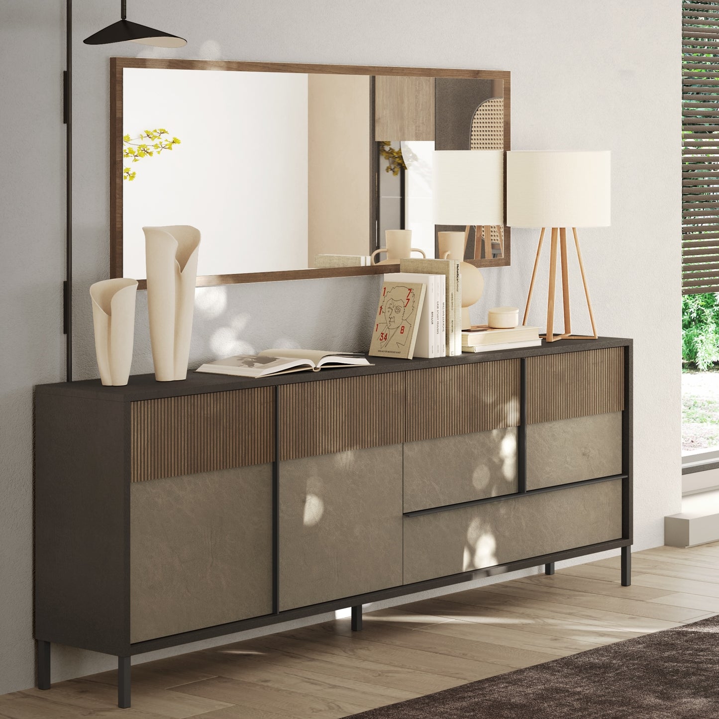 Venice 4 Door 1 Drawer Grey and Mercure Oak Large Sideboard - FurniComp