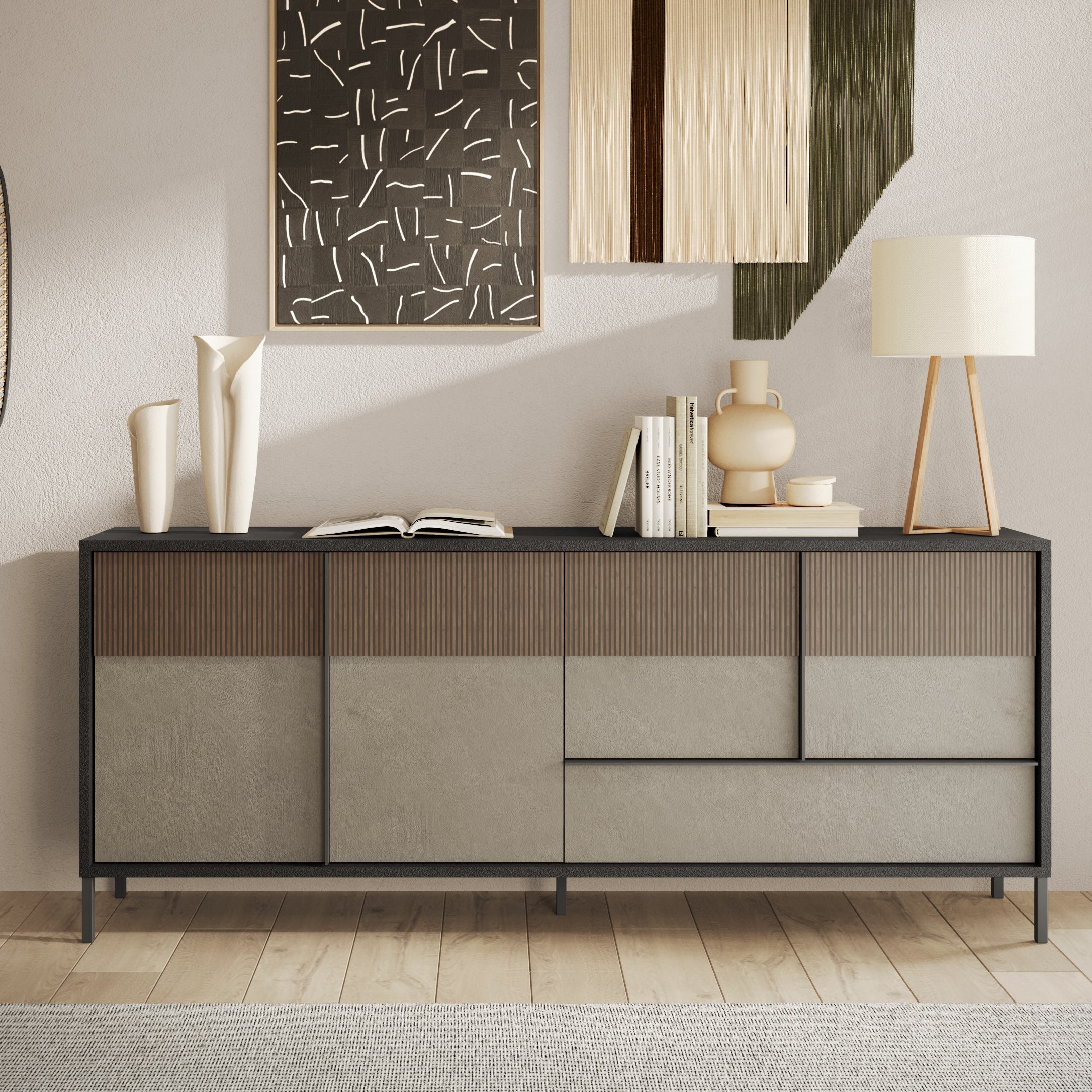 Venice 4 Door 1 Drawer Grey and Mercure Oak Large Sideboard - FurniComp