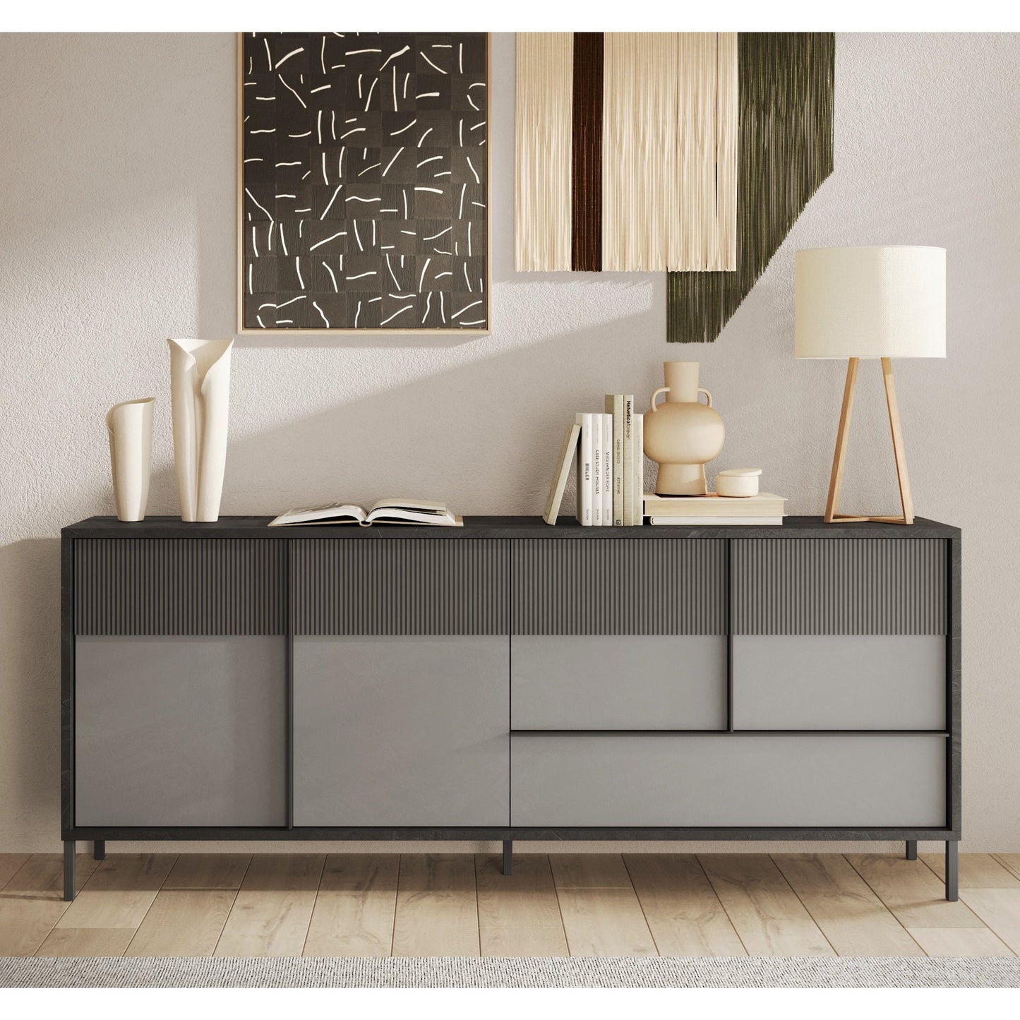 Venice 4 Door 1 Drawer Lead and Slate Grey Large Sideboard - FurniComp