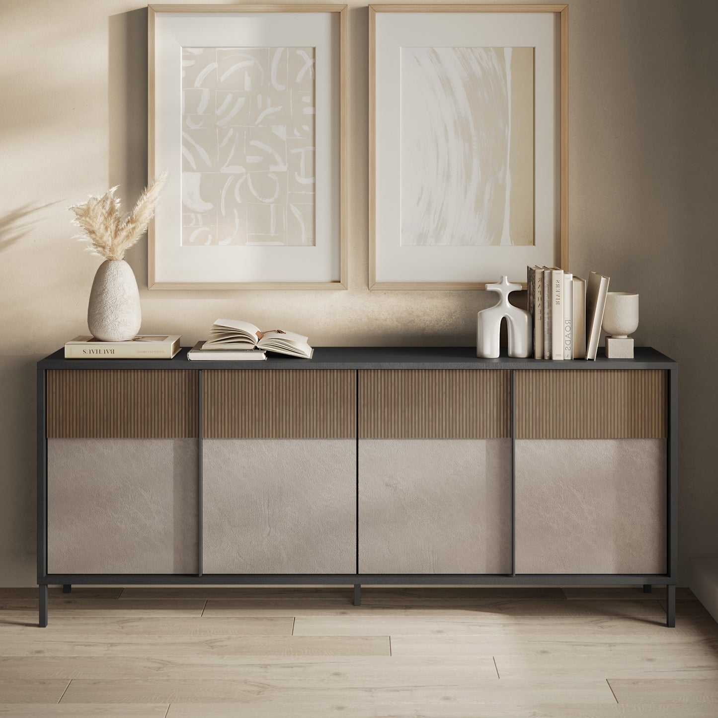 Venice 4 Door Grey and Mercure Oak Large Sideboard - FurniComp