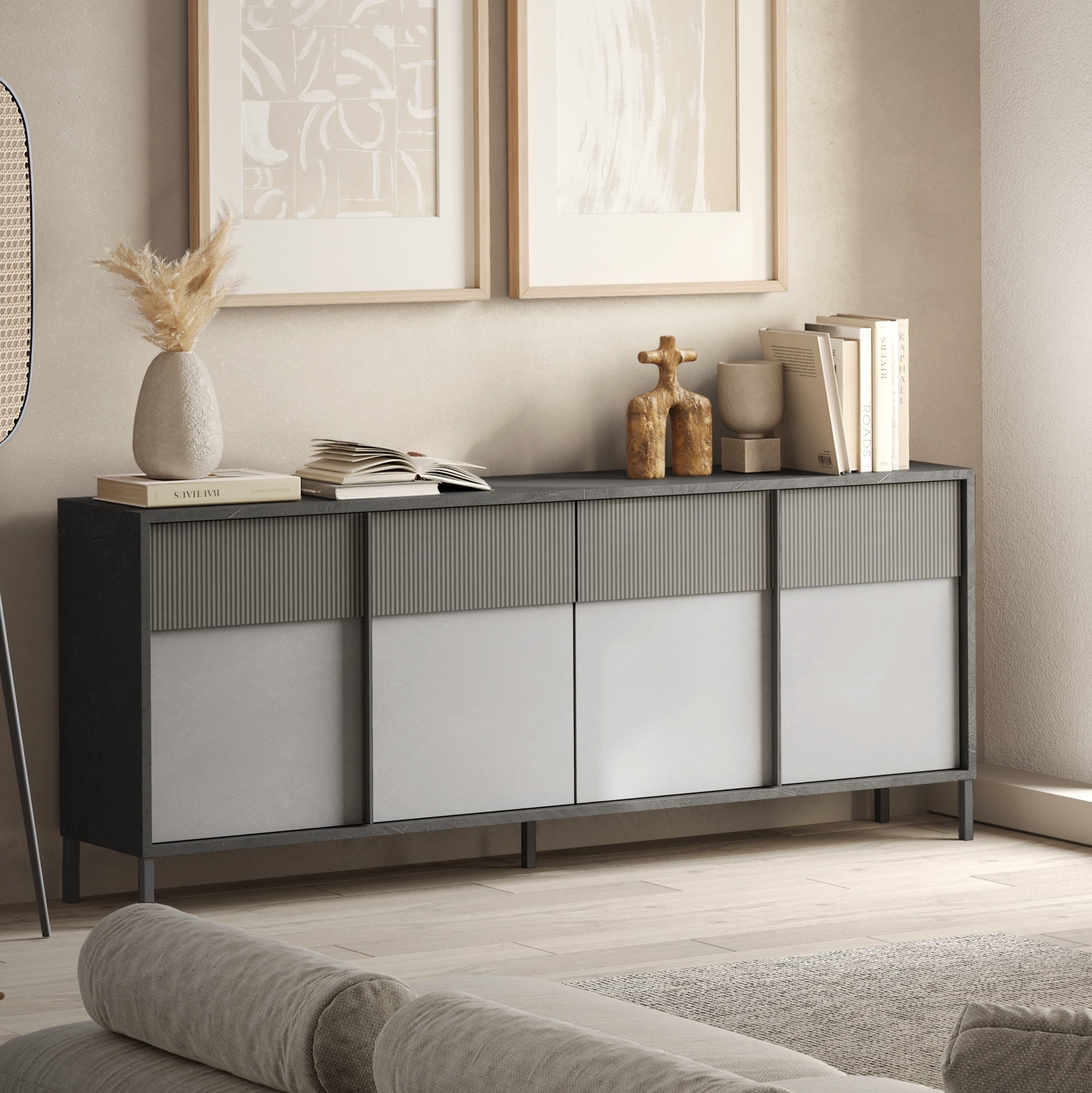 Venice 4 Door Lead and Slate Grey Large Sideboard - FurniComp