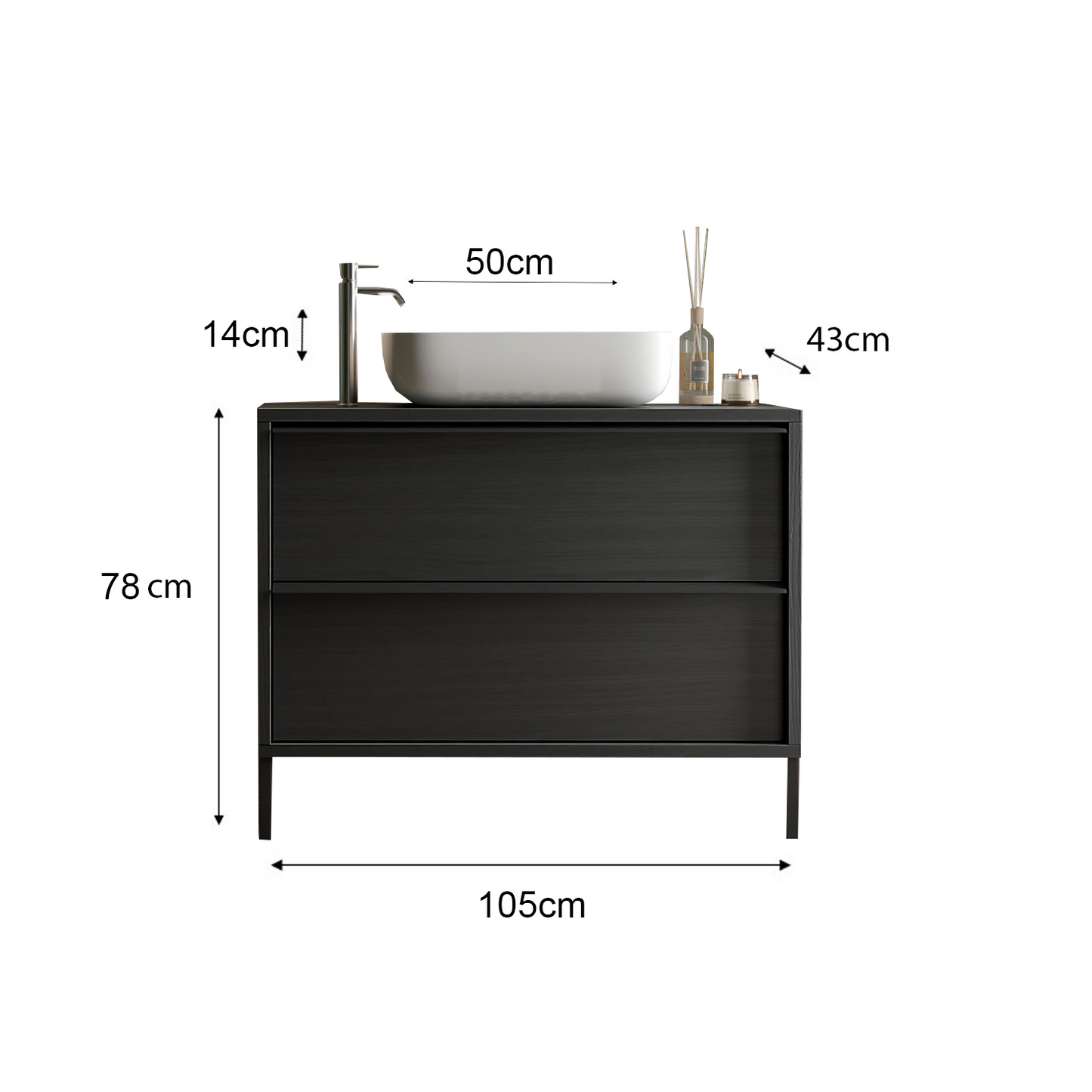 Verona Black Oak 2 Drawer 1050mm Free Standing Vanity Unit with Basin - FurniComp