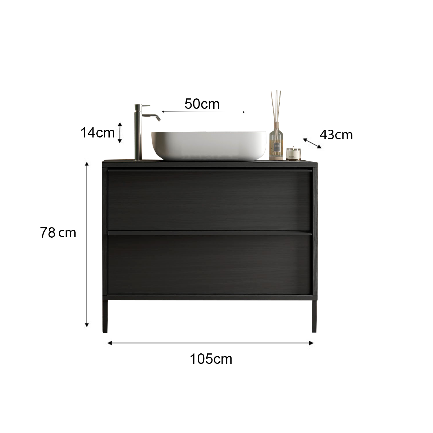 Verona Black Oak 2 Drawer 1050mm Free Standing Vanity Unit with Basin - FurniComp