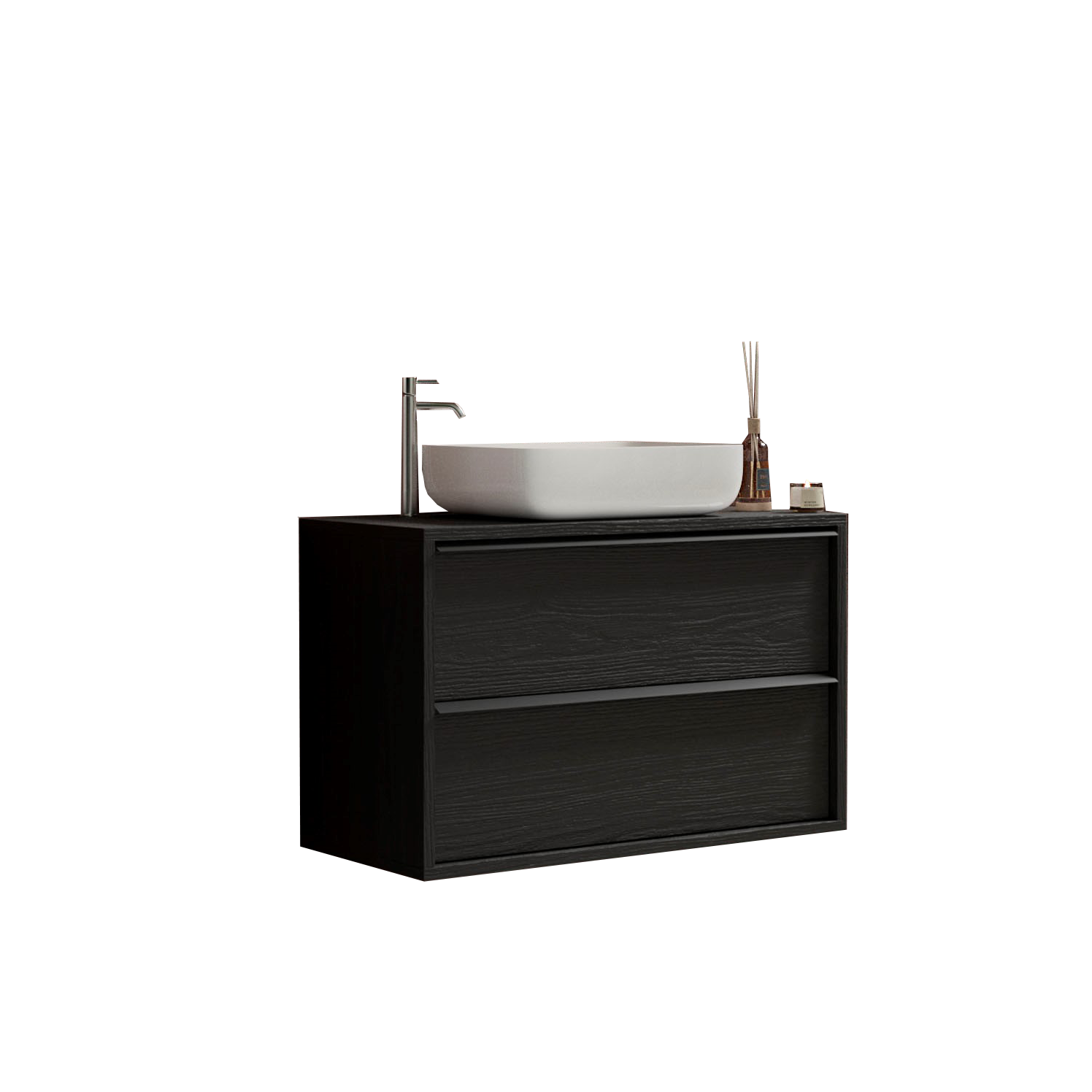 Verona Black Oak 2 Drawer 1050mm Wall Hung Vanity Unit with Basin - FurniComp