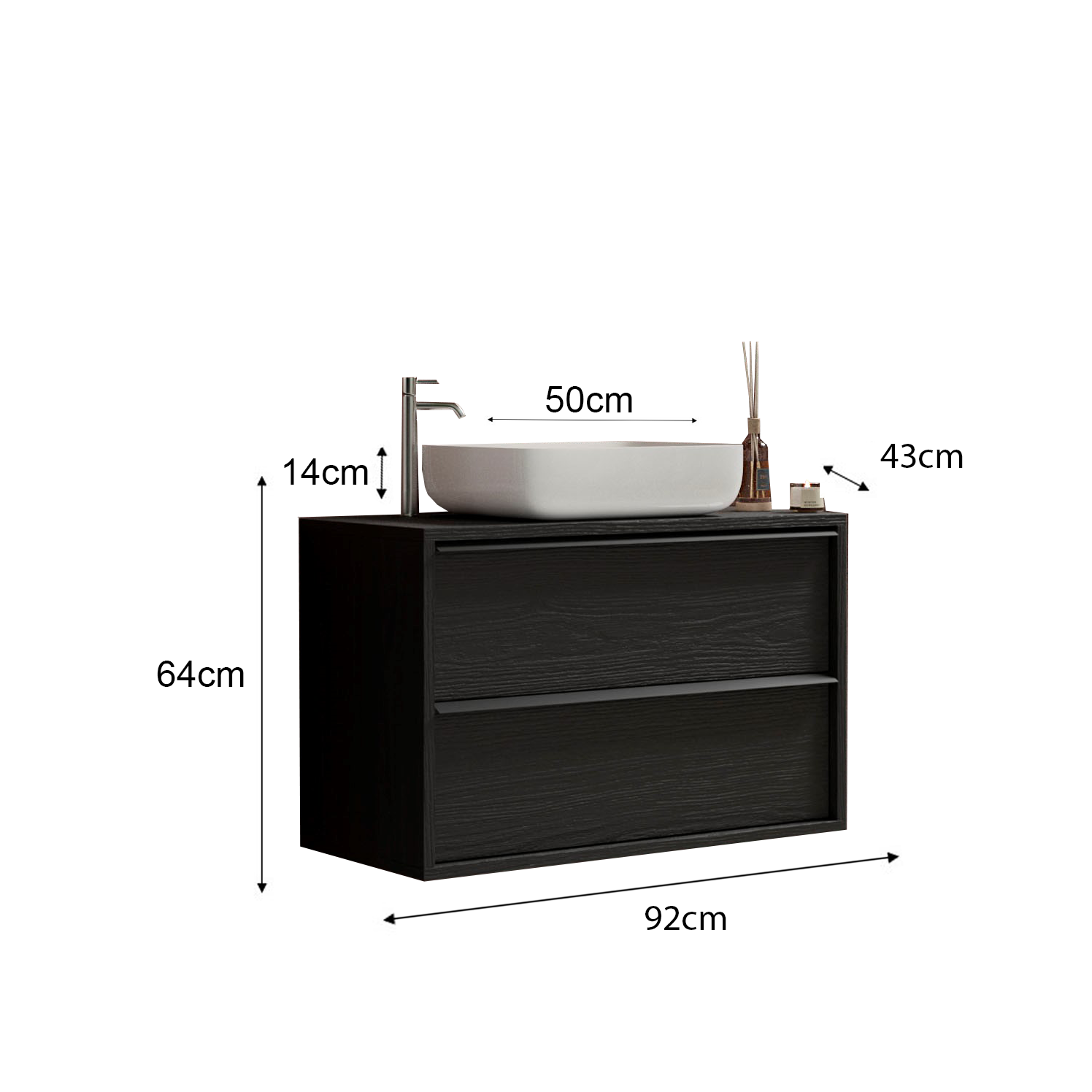 Verona Black Oak 2 Drawer 920mm Wall Hung Vanity Unit with Basin - FurniComp