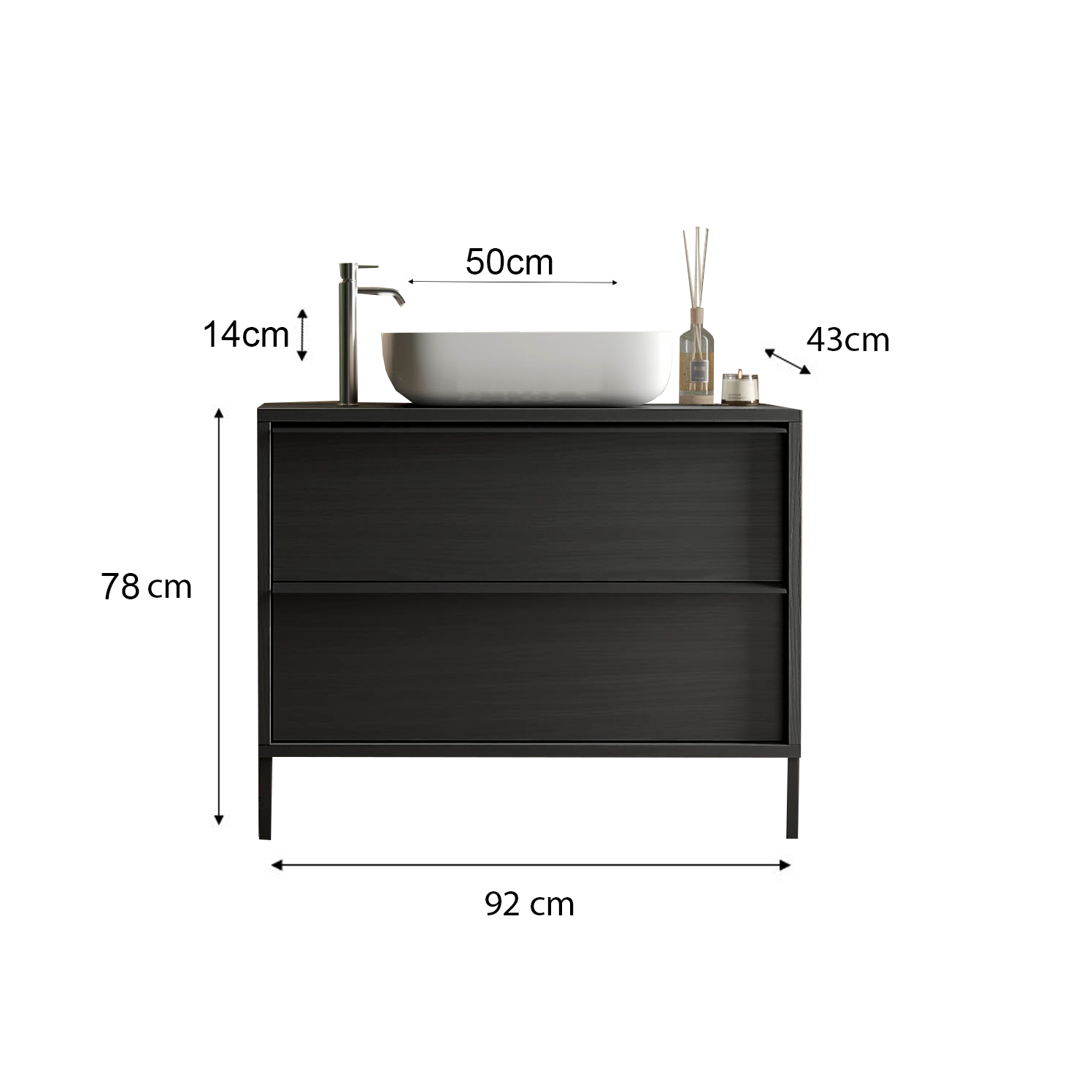 Verona Black Oak 2 Drawer 920mm Free Standing Vanity Unit with Basin - FurniComp