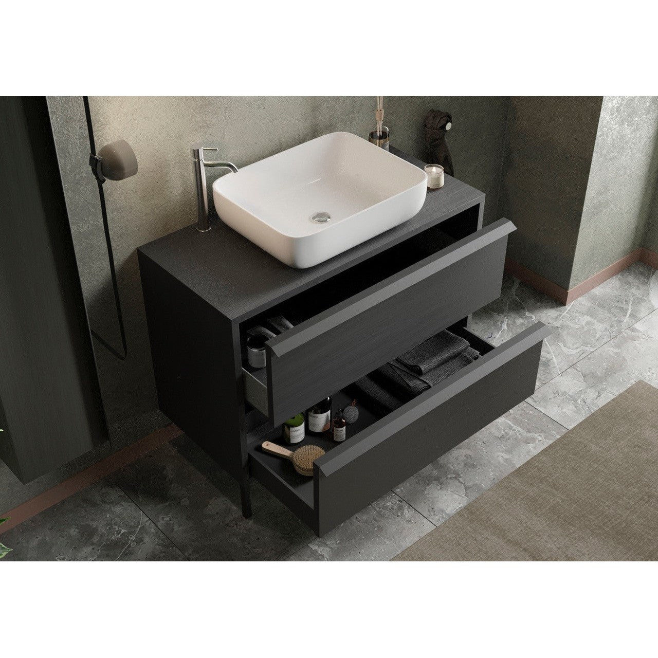 Verona Black Oak 2 Drawer 1050mm Free Standing Vanity Unit with Basin - FurniComp