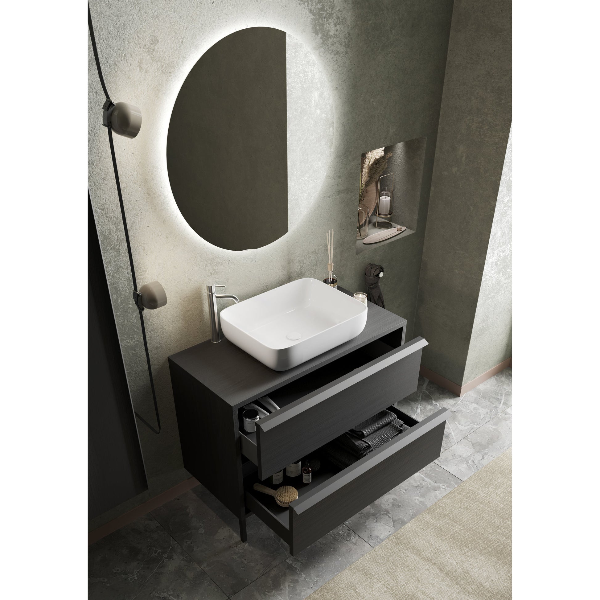 Verona Black Oak 2 Drawer 1050mm Free Standing Vanity Unit with Basin - FurniComp