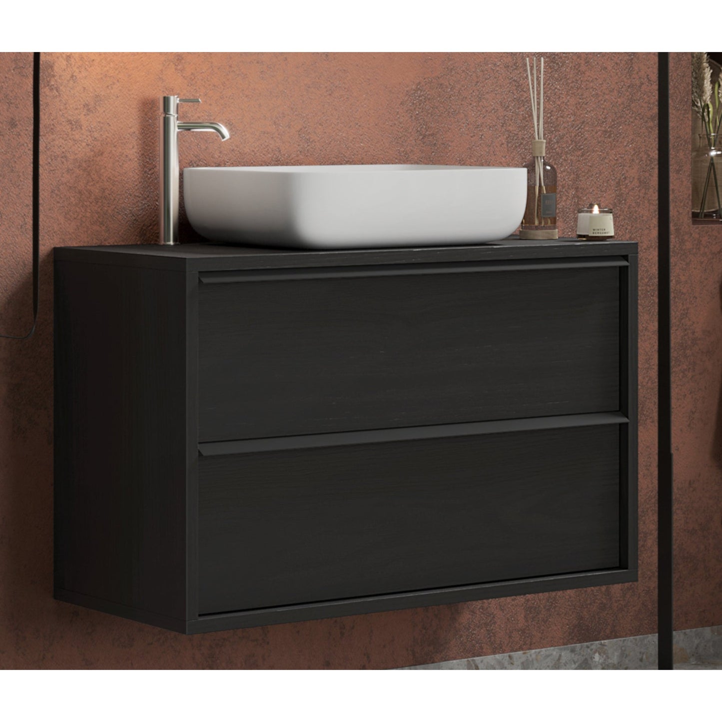 Verona Black Oak 2 Drawer 790mm Wall Hung Vanity Unit with Basin - FurniComp