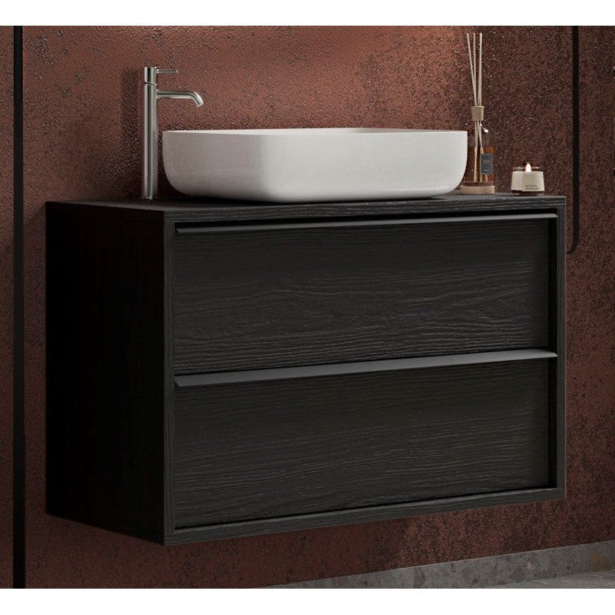 Verona Black Oak 2 Drawer 1050mm Wall Hung Vanity Unit with Basin - FurniComp