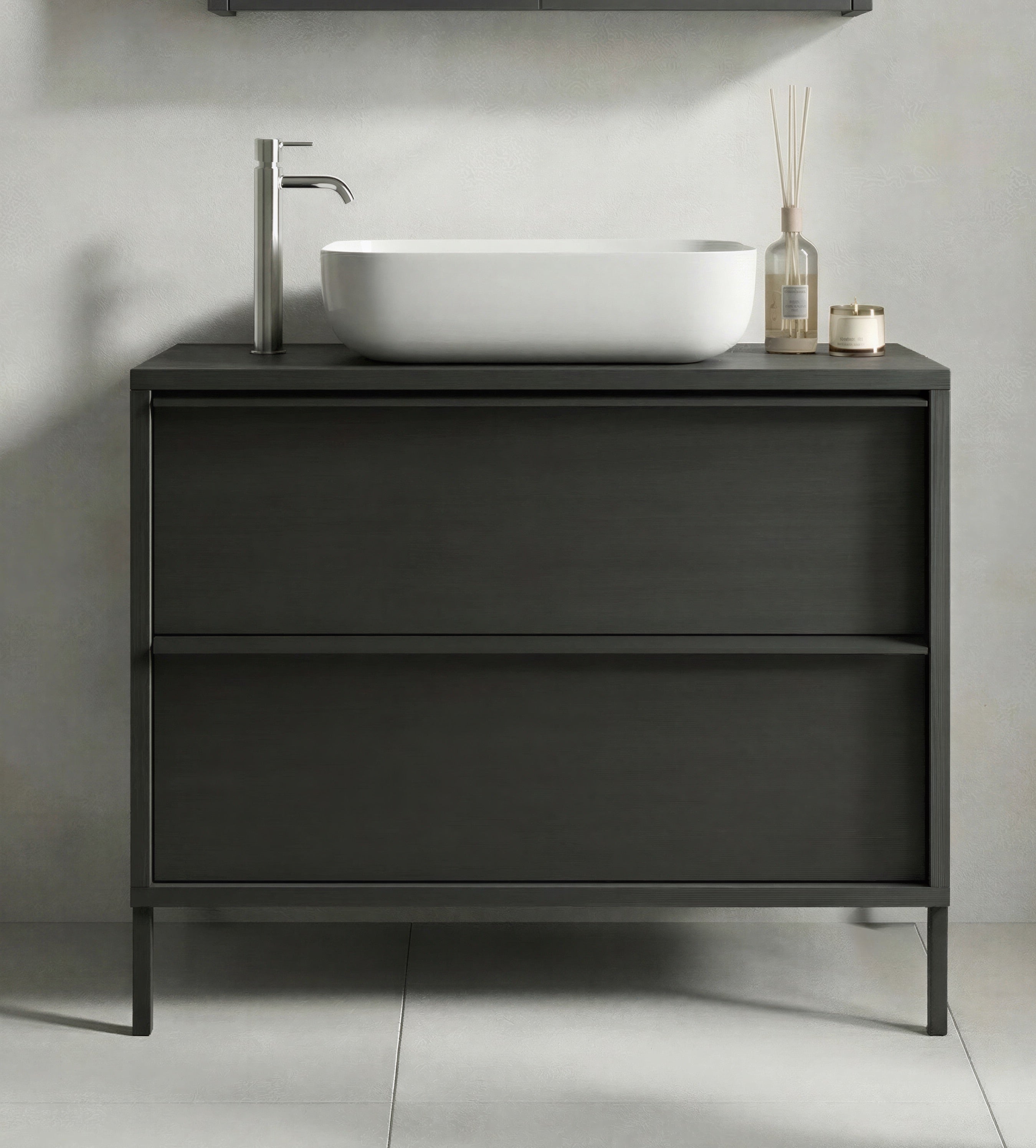 Verona Black Oak 2 Drawer 790mm Free Standing Vanity Unit with Basin - FurniComp
