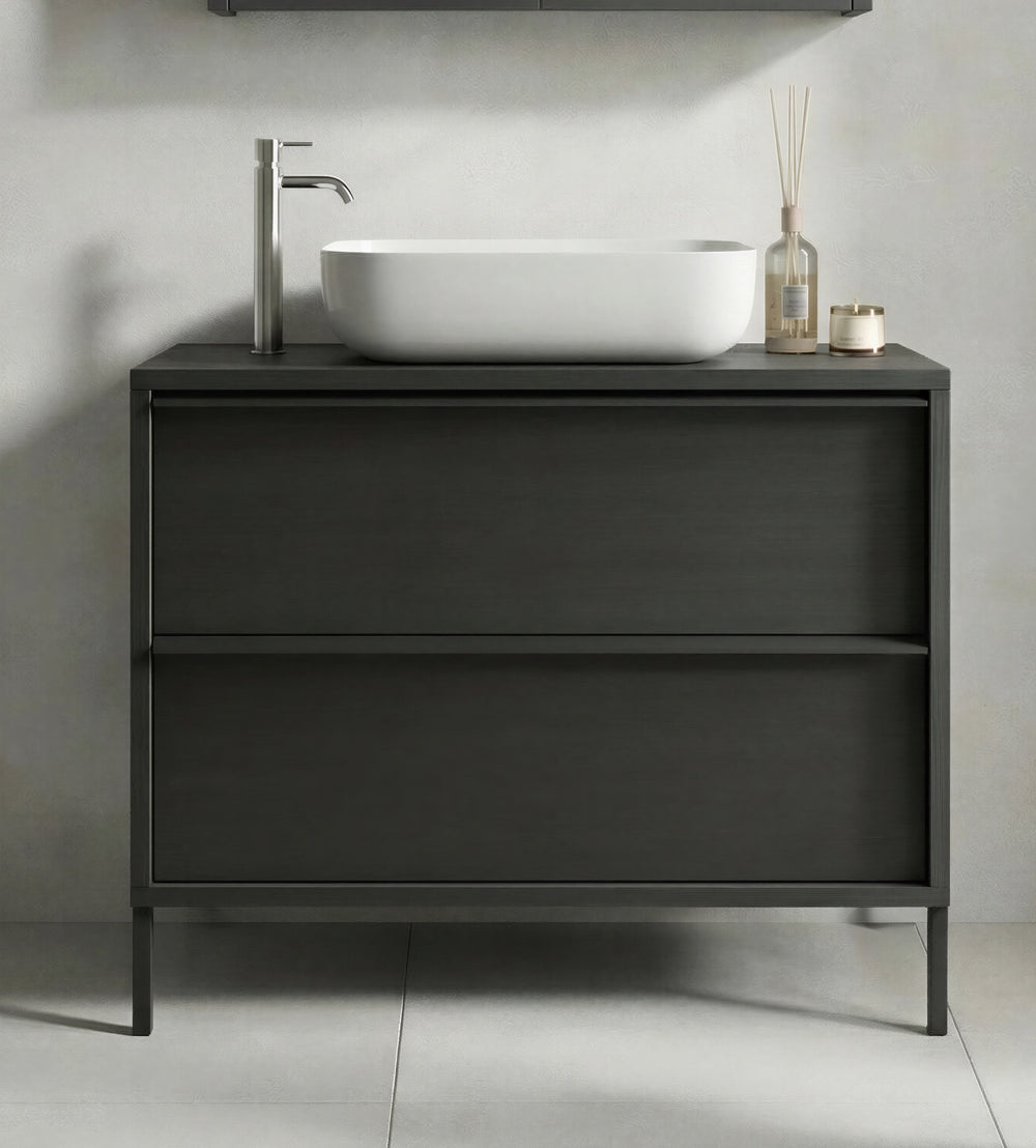 Verona Black Oak 2 Drawer 920mm Free Standing Vanity Unit with Basin - FurniComp