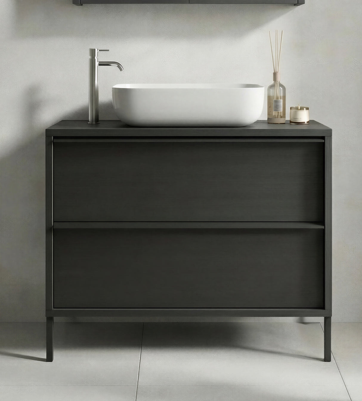 Verona Black Oak 2 Drawer 790mm Free Standing Vanity Unit with Basin - FurniComp