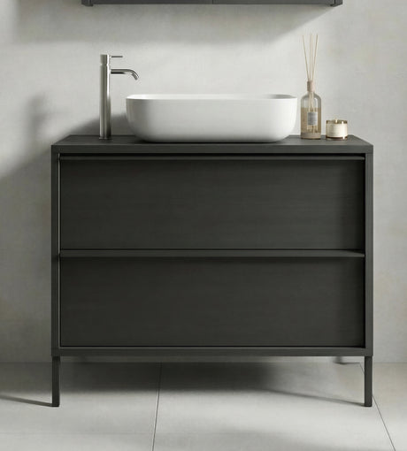Verona Black Oak 2 Drawer 790mm Free Standing Vanity Unit with Basin - FurniComp