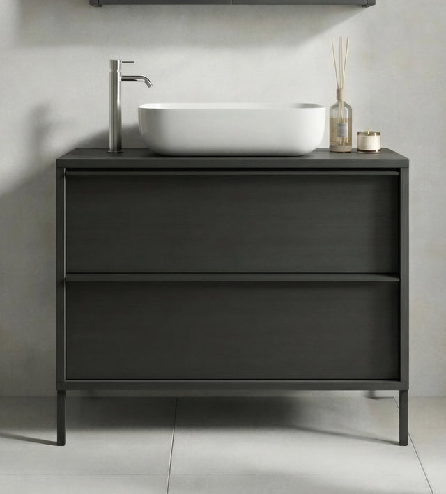 Verona Black Oak 2 Drawer 790mm Free Standing Vanity Unit with Basin - FurniComp