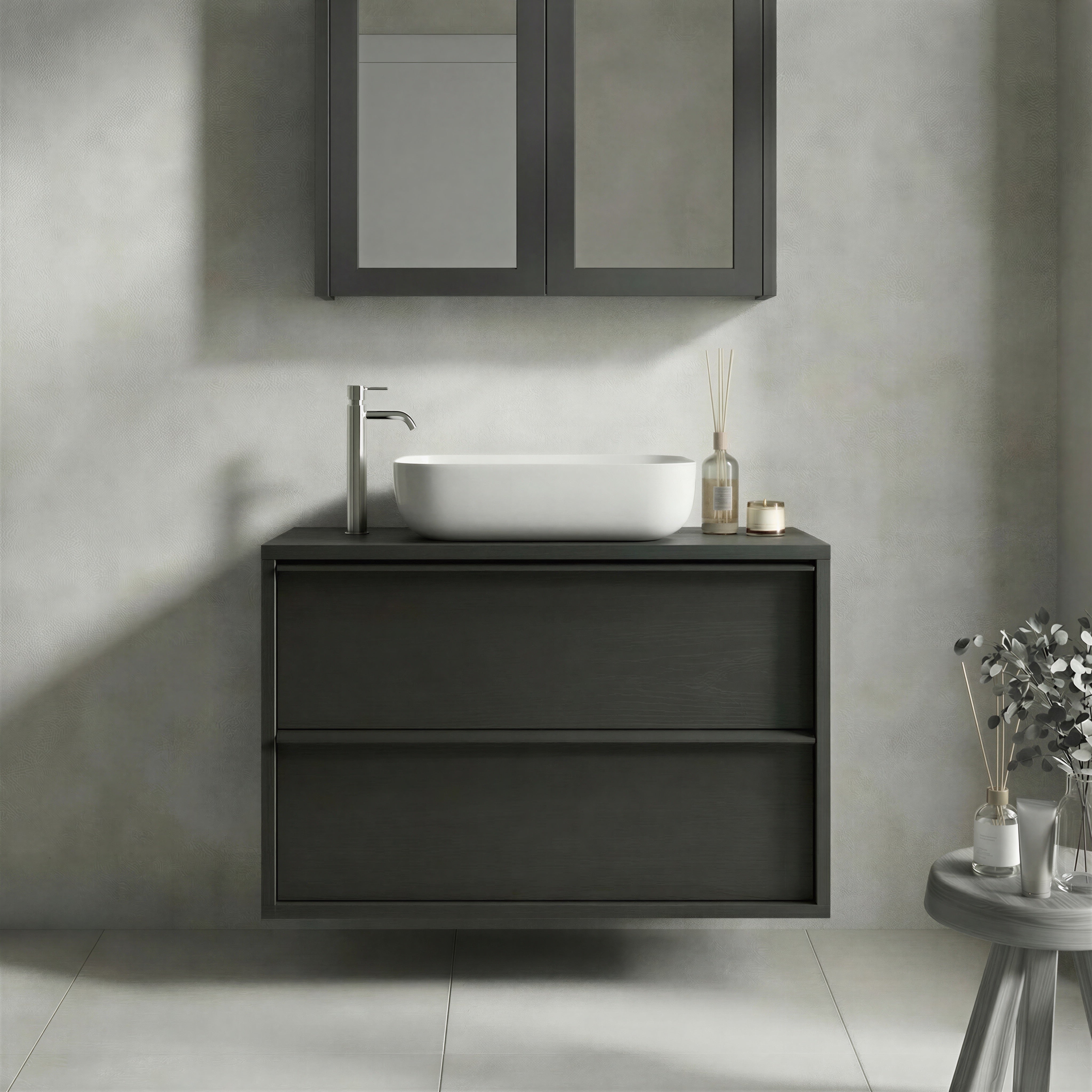 Verona Black Oak 2 Drawer 920mm Wall Hung Vanity Unit with Basin - FurniComp