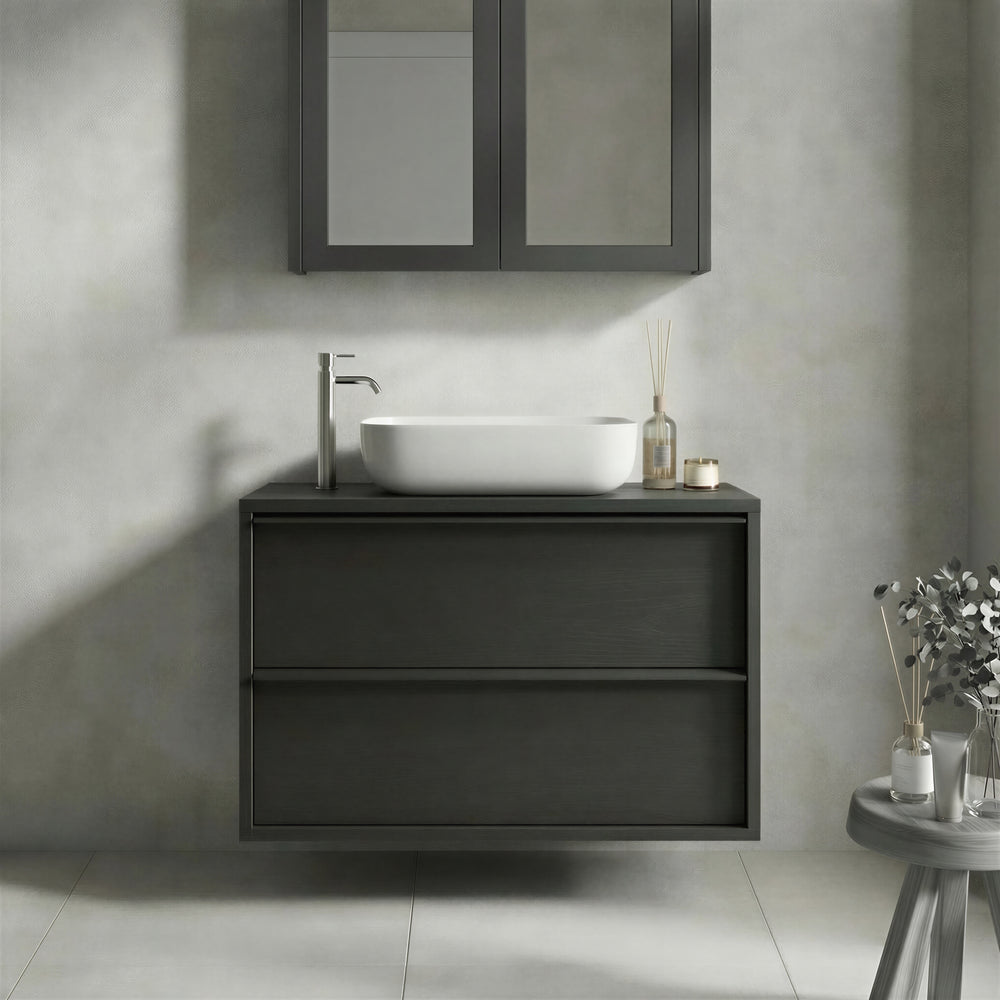 Verona Black Oak 2 Drawer 790mm Wall Hung Vanity Unit with Basin - FurniComp