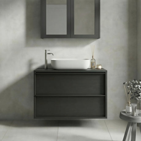 Verona Black Oak 2 Drawer 790mm Wall Hung Vanity Unit with Basin - FurniComp