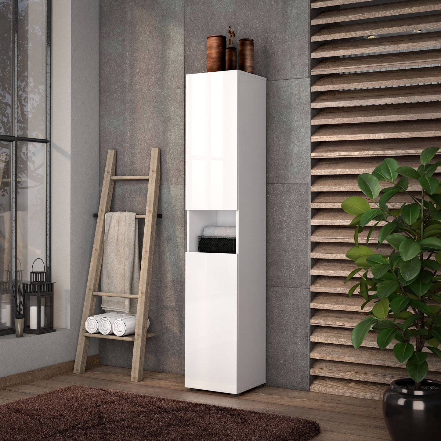 Vida 2 Door 34cm White Gloss Tall Free Standing Bathroom Storage Cabinet - FurniComp