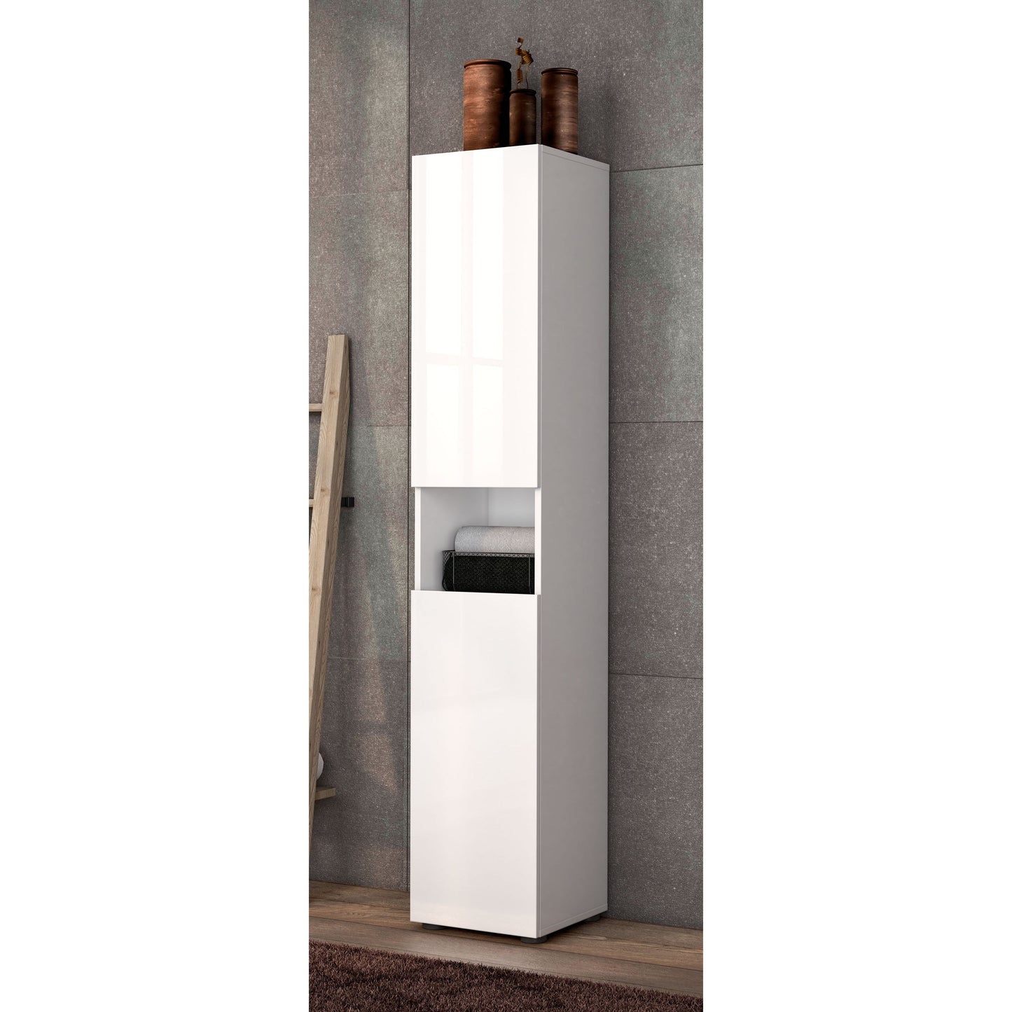 Vida 2 Door 34cm White Gloss Tall Free Standing Bathroom Storage Cabinet - FurniComp