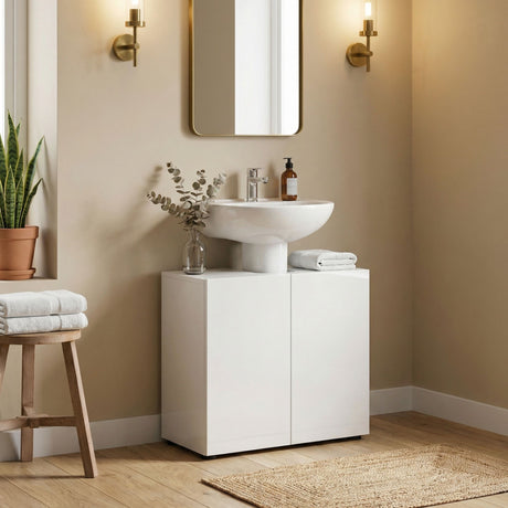 Vida 2 Door 600mm White Gloss Free Standing Under Sink Bathroom Cabinet - FurniComp