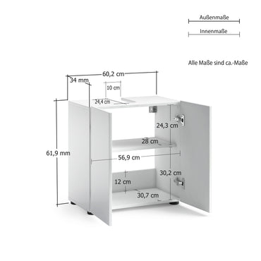 Vida 2 Door 600mm White Gloss Free Standing Under Sink Bathroom Cabinet - FurniComp