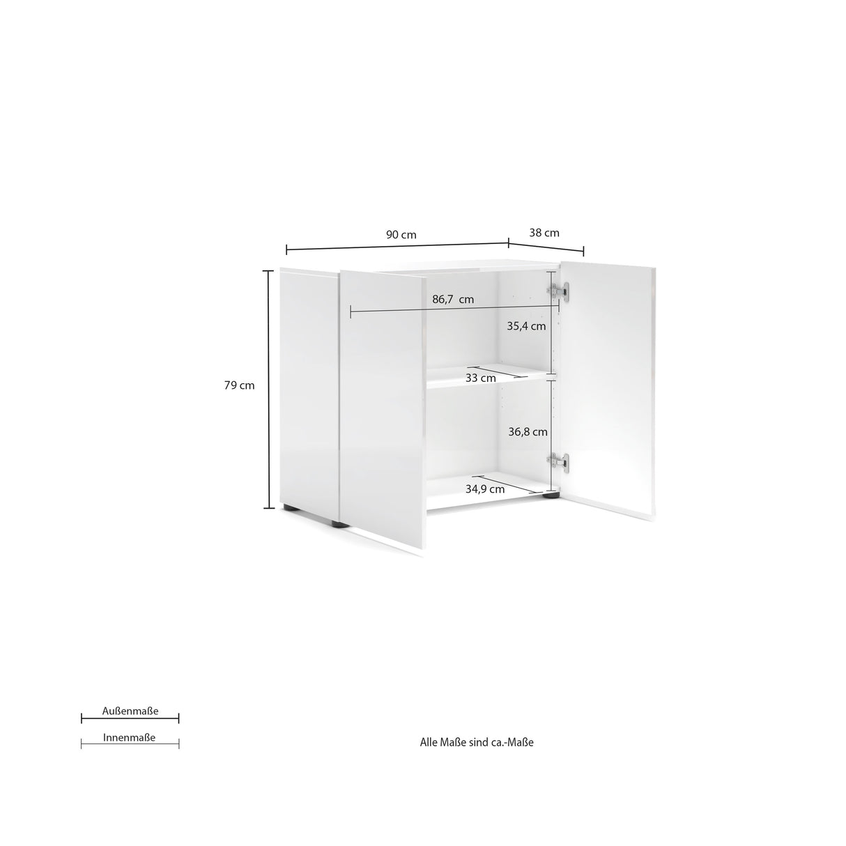 Vida 2 Door 90cm Small Compact White Gloss Sideboard - FurniComp