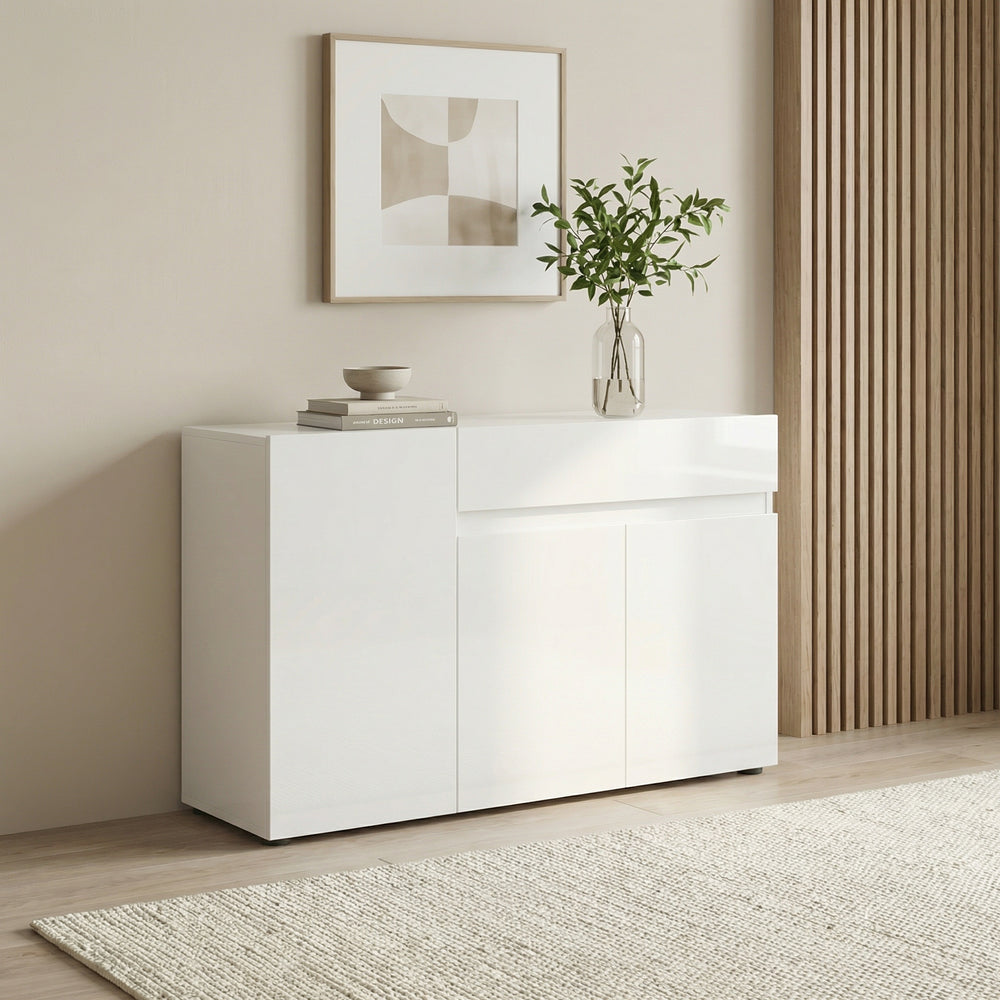 Vida 3 Door 1 Drawer 135cm White Gloss Sideboard - FurniComp