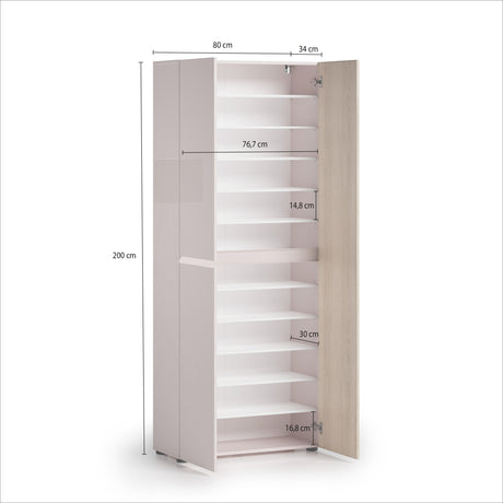 Vida 3 Door 80cm Cashmere & Oak Tall Shoe Cabinet/Storage Cupboard - FurniComp