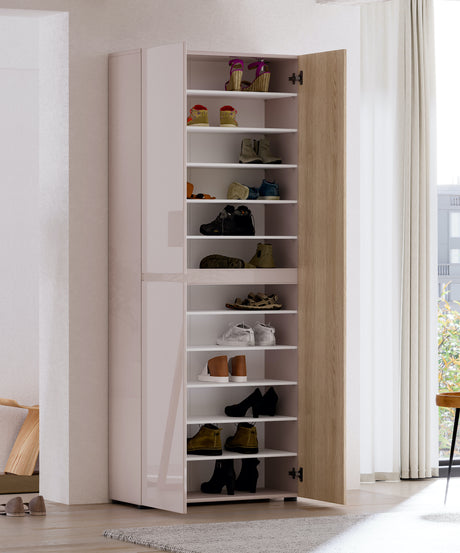 Vida 3 Door 80cm Cashmere & Oak Tall Shoe Cabinet/Storage Cupboard - FurniComp