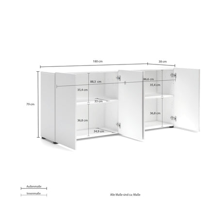 Vida 4 Door 180cm Large White Gloss Sideboard - FurniComp