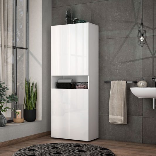 Vida 4 Door 68cm White Gloss Tall Bathroom Storage Cupboard Cabinet - FurniComp