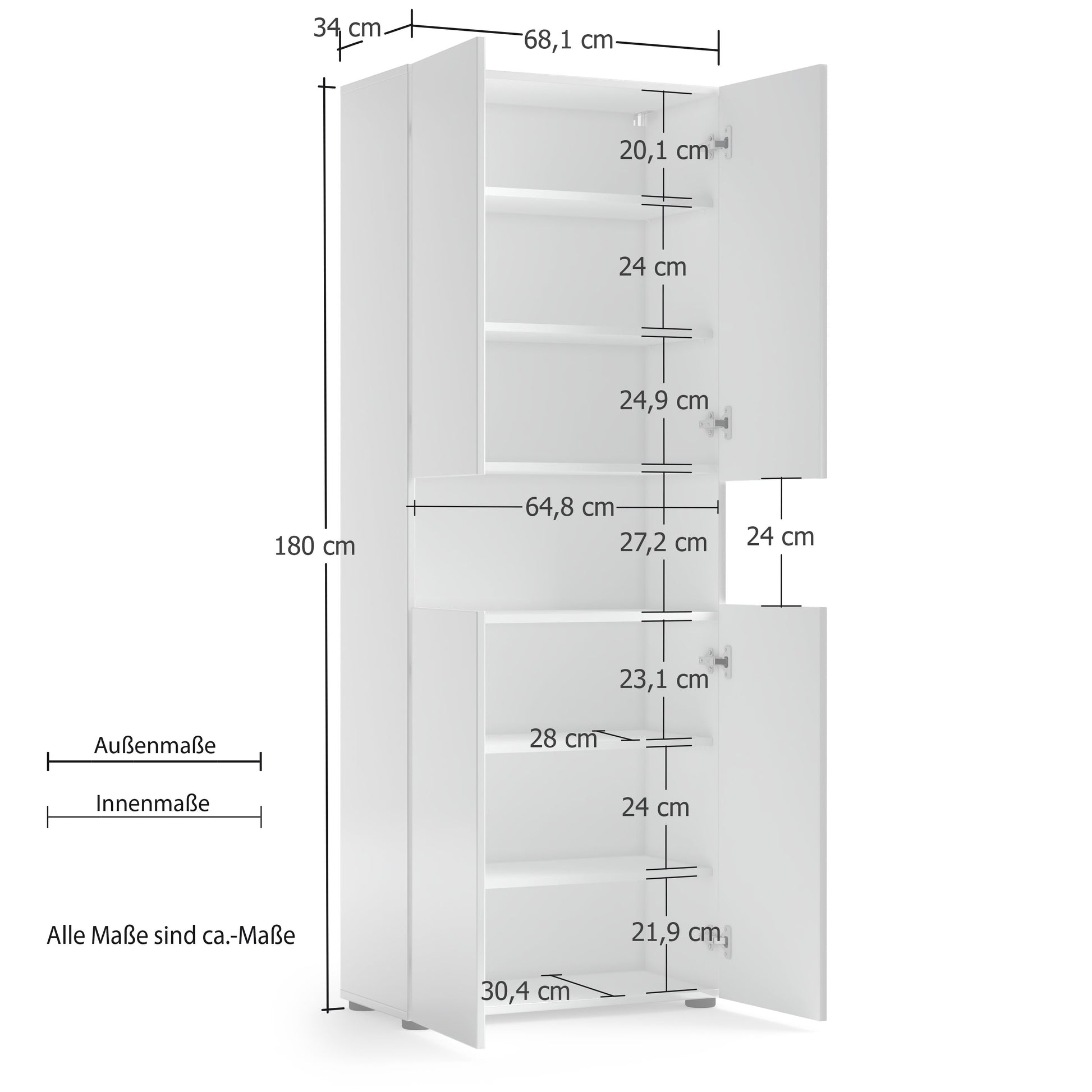 Vida 4 Door 68cm White Gloss Tall Bathroom Storage Cupboard Cabinet - FurniComp