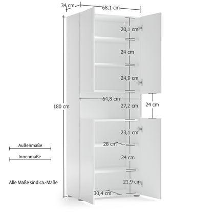 Vida 4 Door 68cm White Gloss Tall Bathroom Storage Cupboard Cabinet - FurniComp