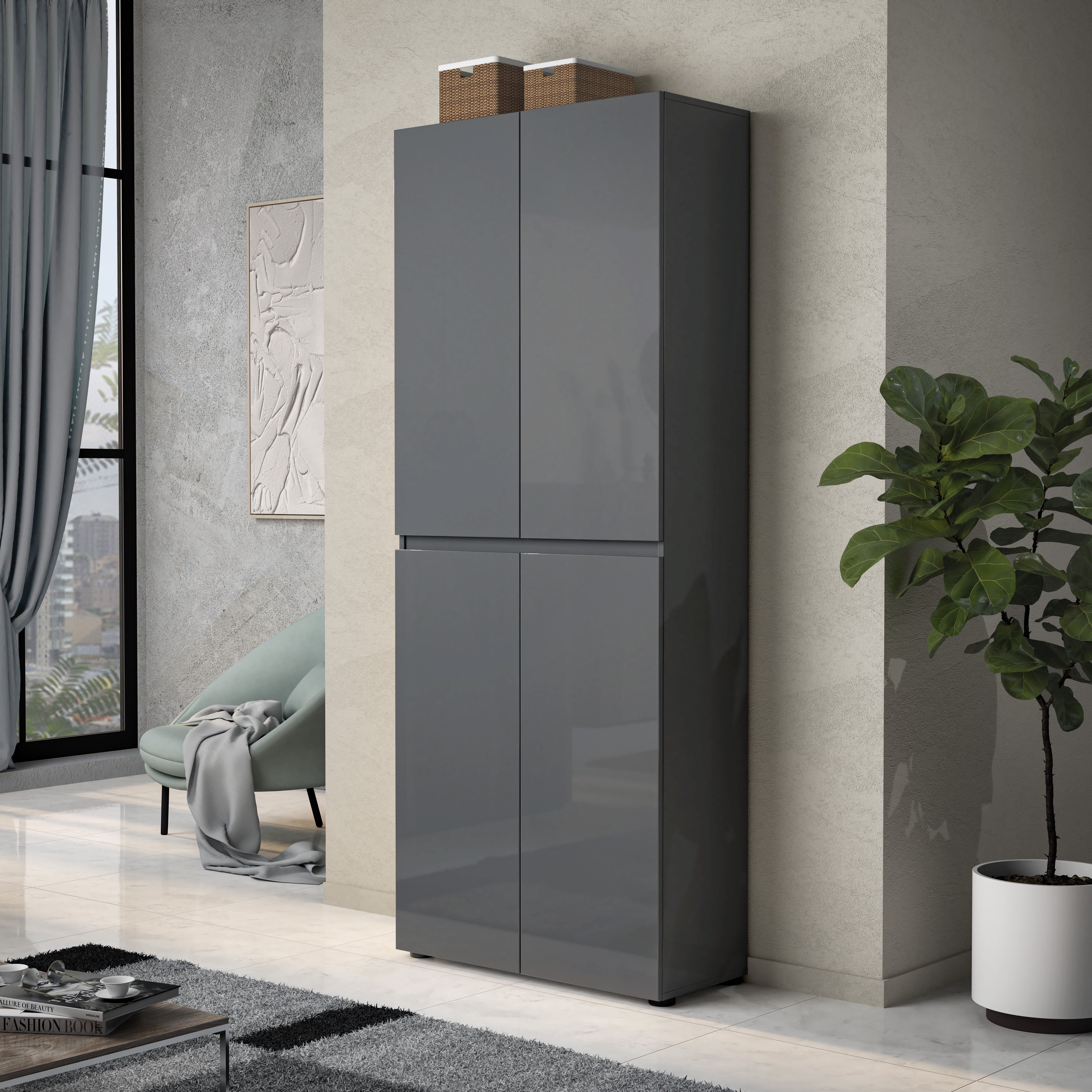 Vida 4 Door 80cm Anthracite Gloss Tall Shoe Cabinet/Storage Cupboard - FurniComp