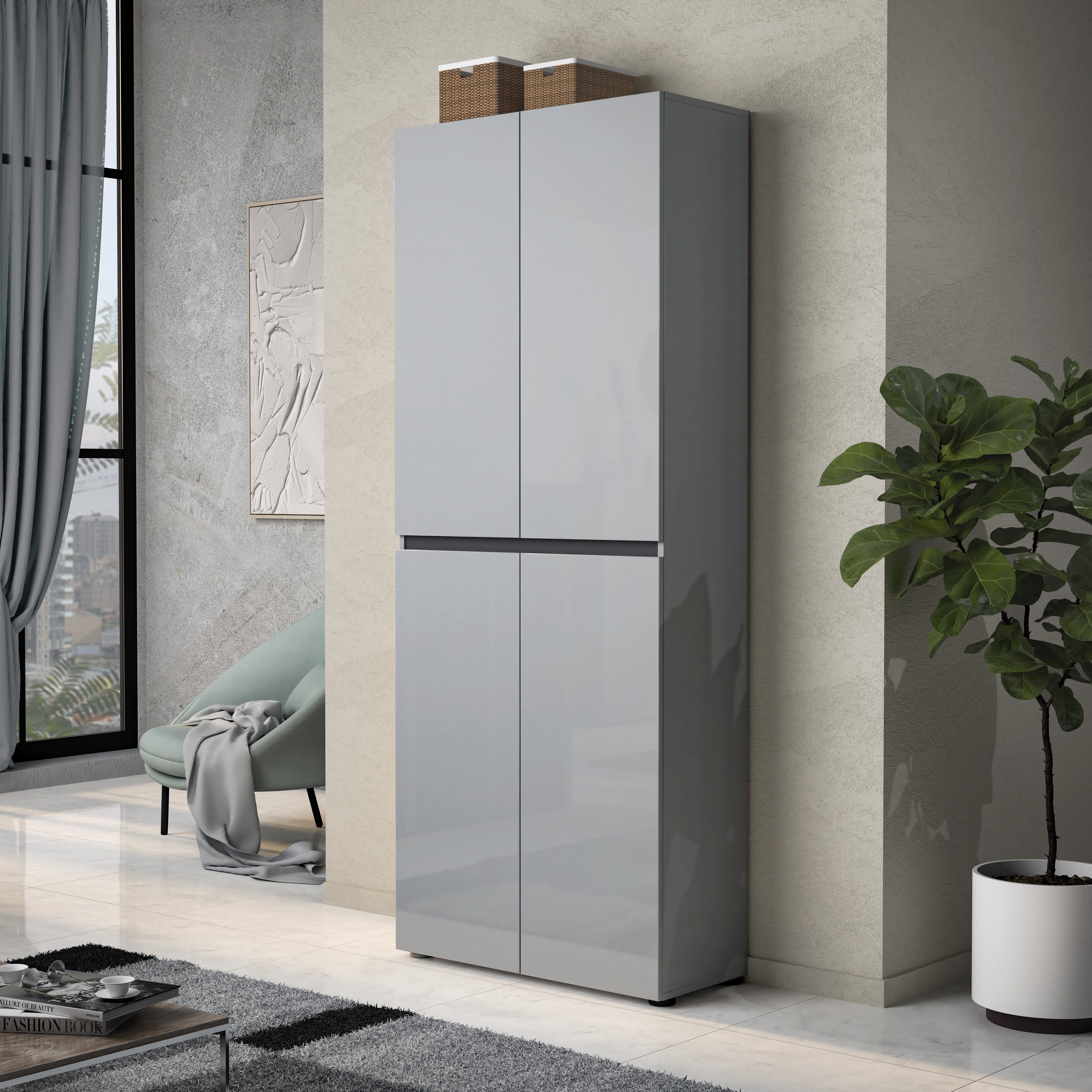 Vida 4 Door 80cm Grey Gloss Tall Shoe Cabinet/Storage Cupboard - FurniComp