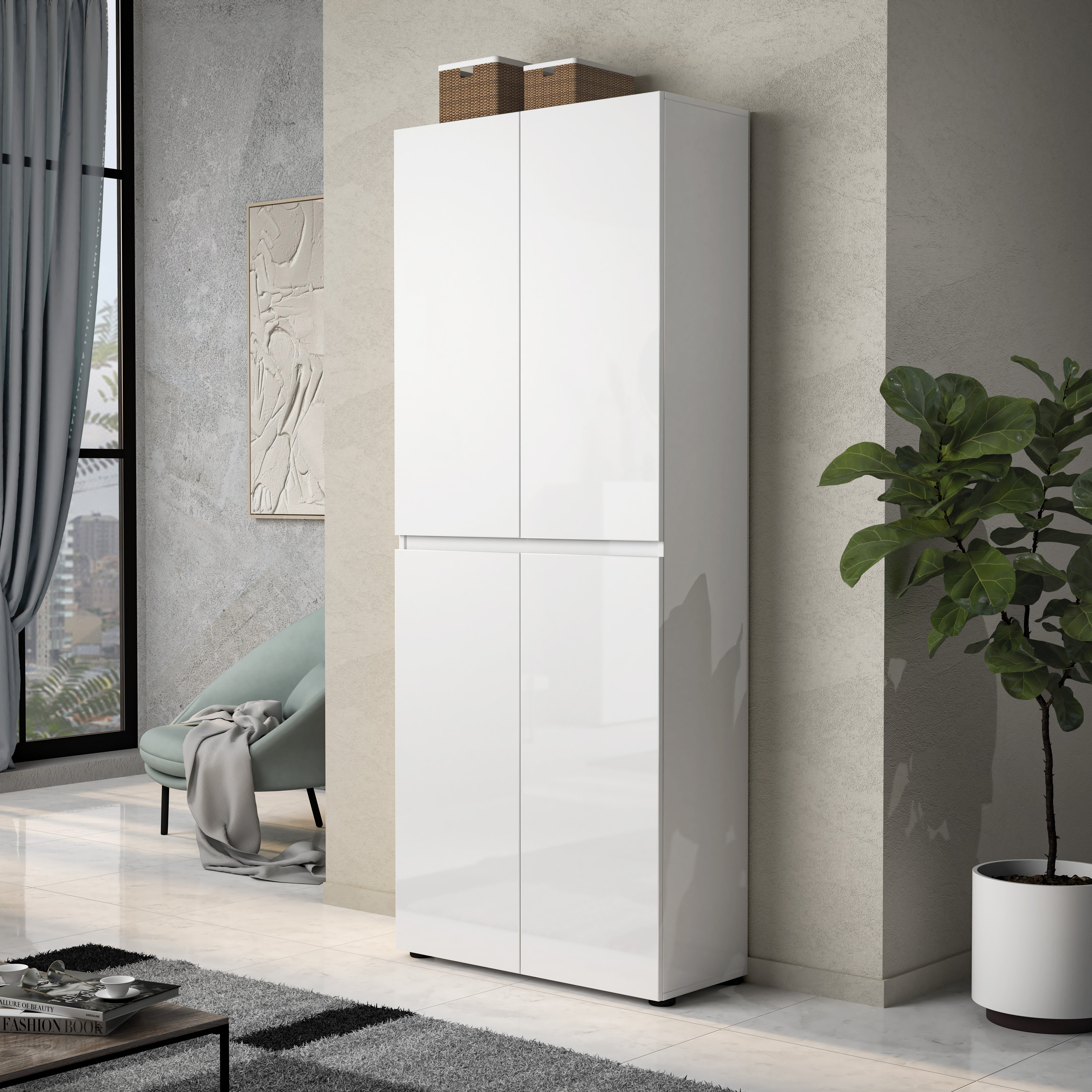 Vida 4 Door 80cm White Gloss Tall Shoe Cabinet/Storage Cupboard - FurniComp