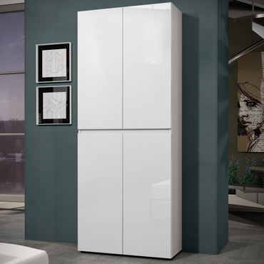 Vida 4 Door 80cm White Gloss Tall Shoe Cabinet/Storage Cupboard - FurniComp