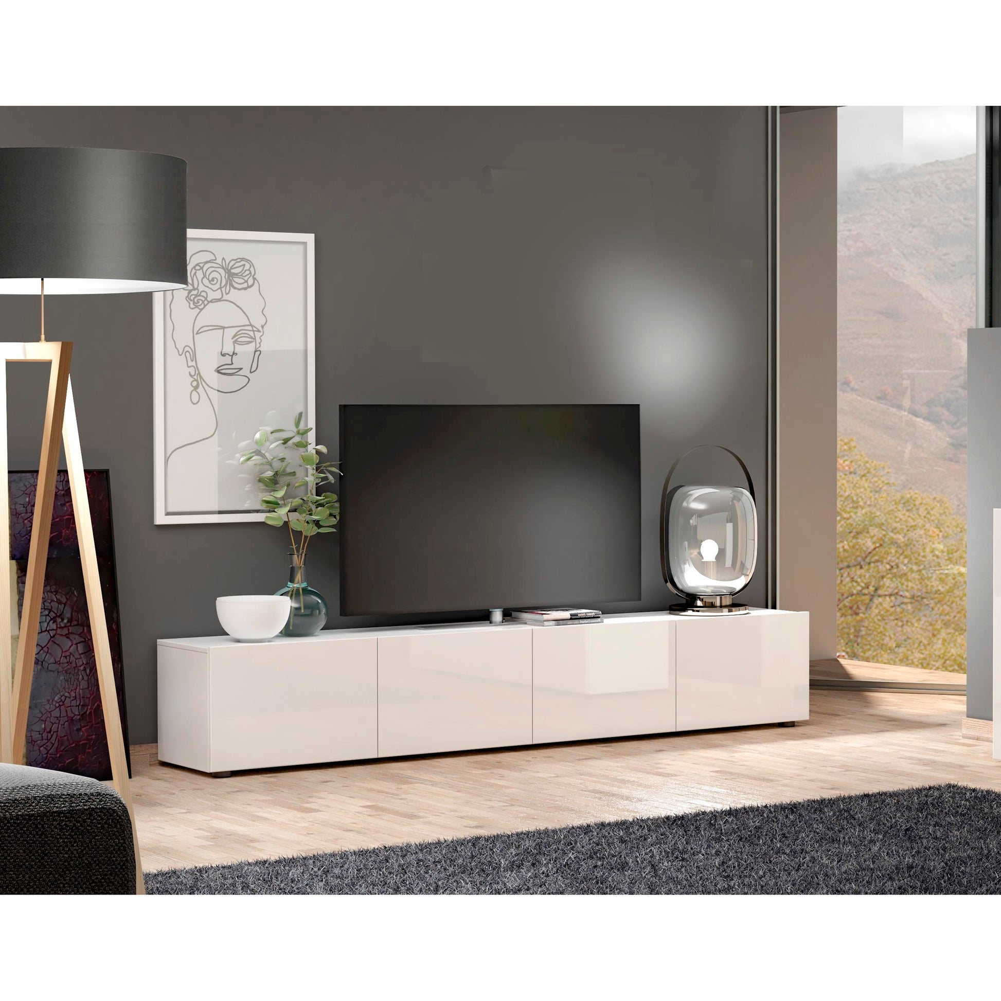 Vida 4 Tilting Door 225cm Large White Gloss TV Stand - FurniComp