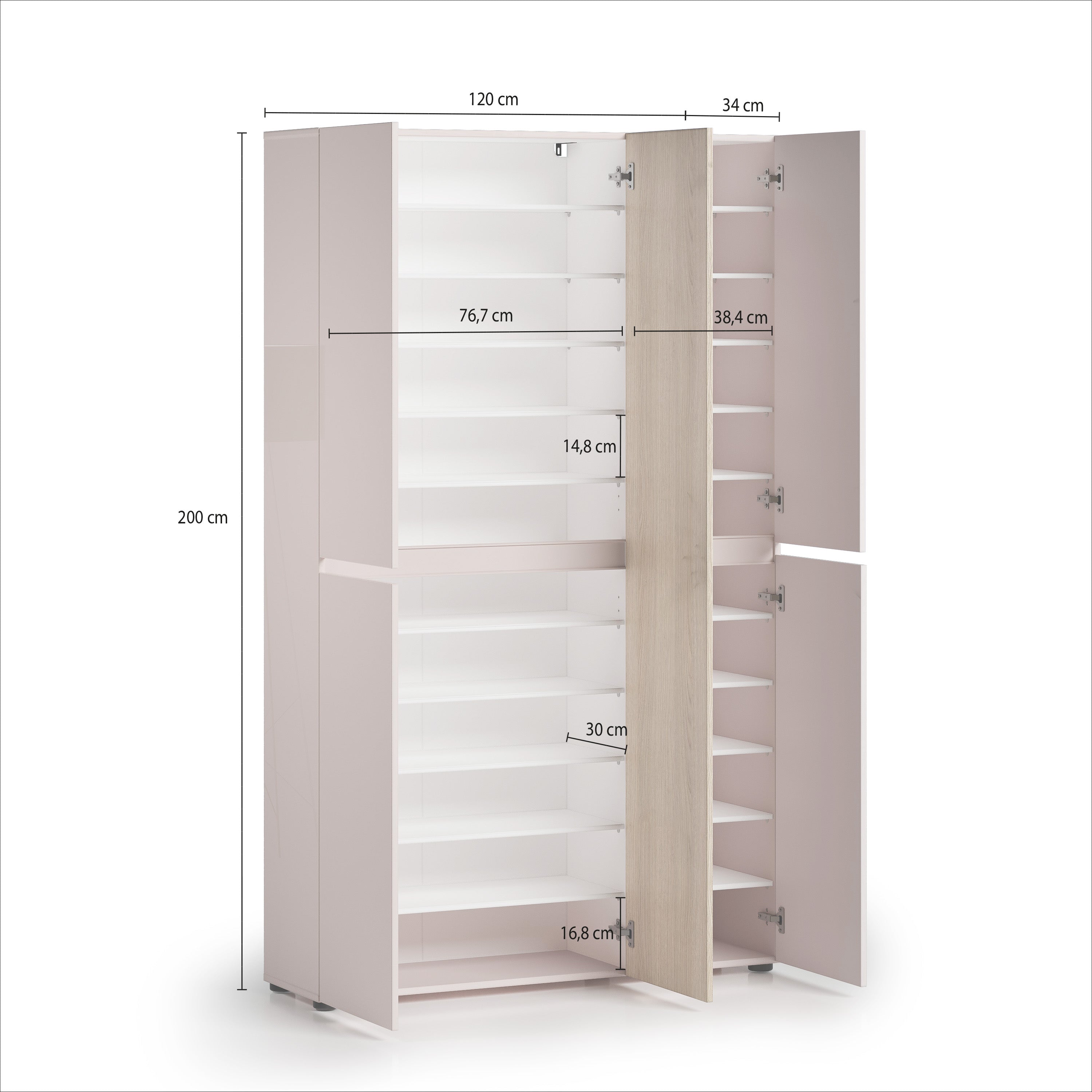 Vida 5 Door 120cm Cashmere & Oak Tall Shoe Cabinet/Storage Cupboard - FurniComp