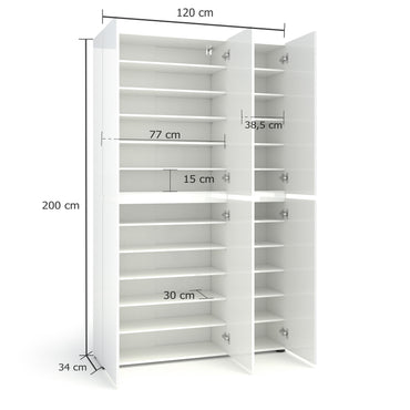 Vida 6 Door 122cm White Gloss Tall Shoe Cabinet/Storage Cupboard - FurniComp