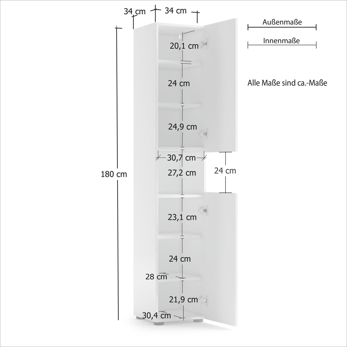 Vida 2 Door 34cm White Gloss Tall Free Standing Bathroom Storage Cabinet - FurniComp