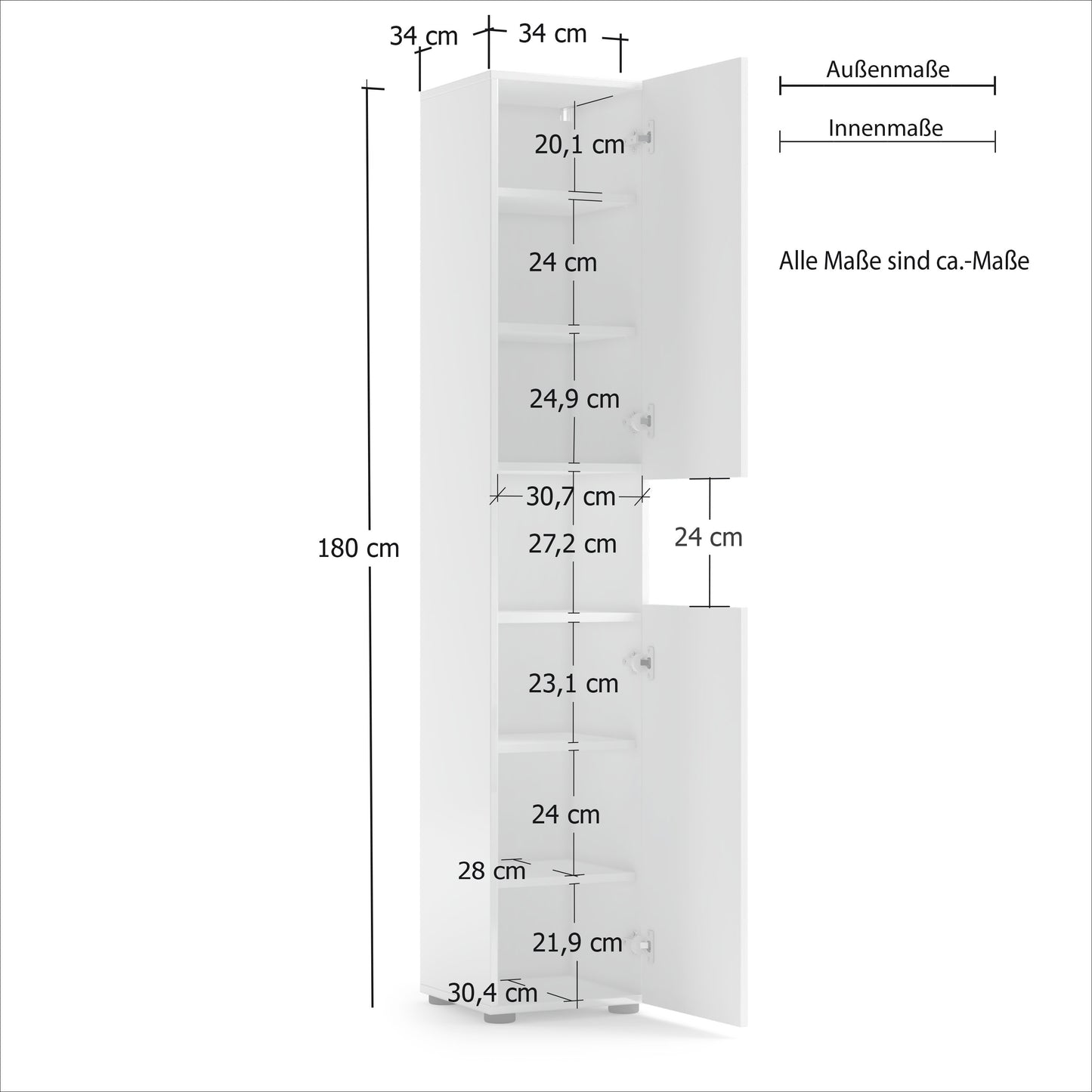 Vida 2 Door 34cm White Gloss Tall Free Standing Bathroom Storage Cabinet - FurniComp