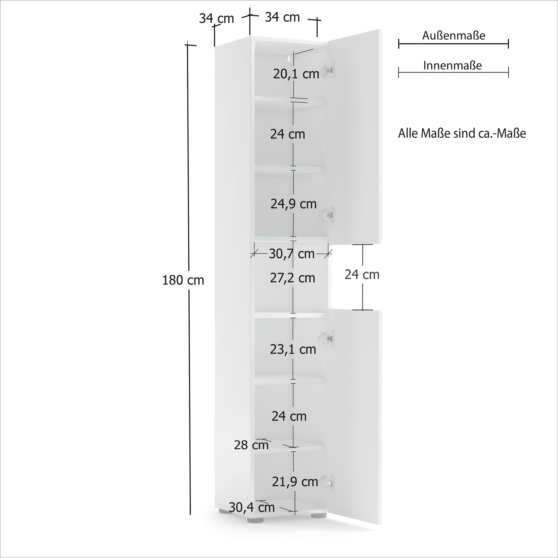 Vida 2 Door 34cm White Gloss Tall Free Standing Bathroom Storage Cabinet - FurniComp